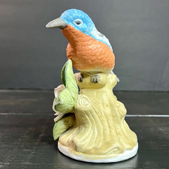 VTG Eastern Blue Bird Ceramic Sitting On A Branch w/ Yellow Flower & Leaves 5” - Picture 5 of 12